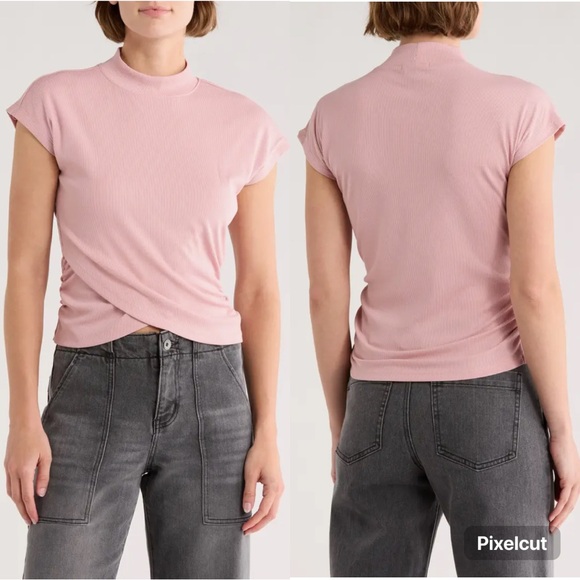 Sanctuary Cap Sleeve Ribbed Crossover T-Shirt In Misty Rose Pink Size XXS/XS - Picture 1 of 11